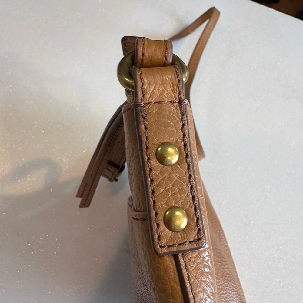 Fossil Tan Pebbled Leather Crossbody Bag  Minimalist Buckle Adjustable Strap - Picture 6 of 12